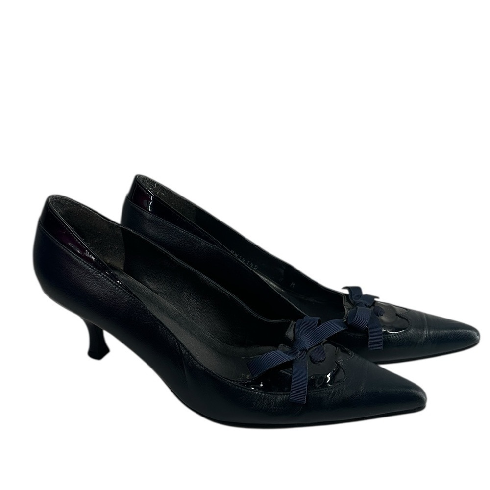 Stuart Weitzman kitten Heels with Bow Detail dark blue leather preppy event sz 8
